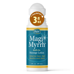 Baar Magi Myrrh Massage Lotion Roll-On bottle close-up for soothing massage