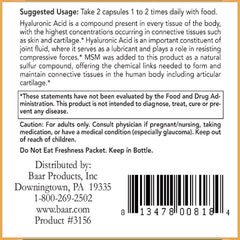 Baar Nature's Blessing HA/MSM VCaps label close-up highlights ingredients and purity.