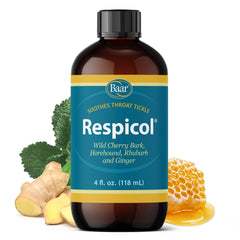 Baar Respicol herbal syrup bottle ready for use, soothing throat comfort.
