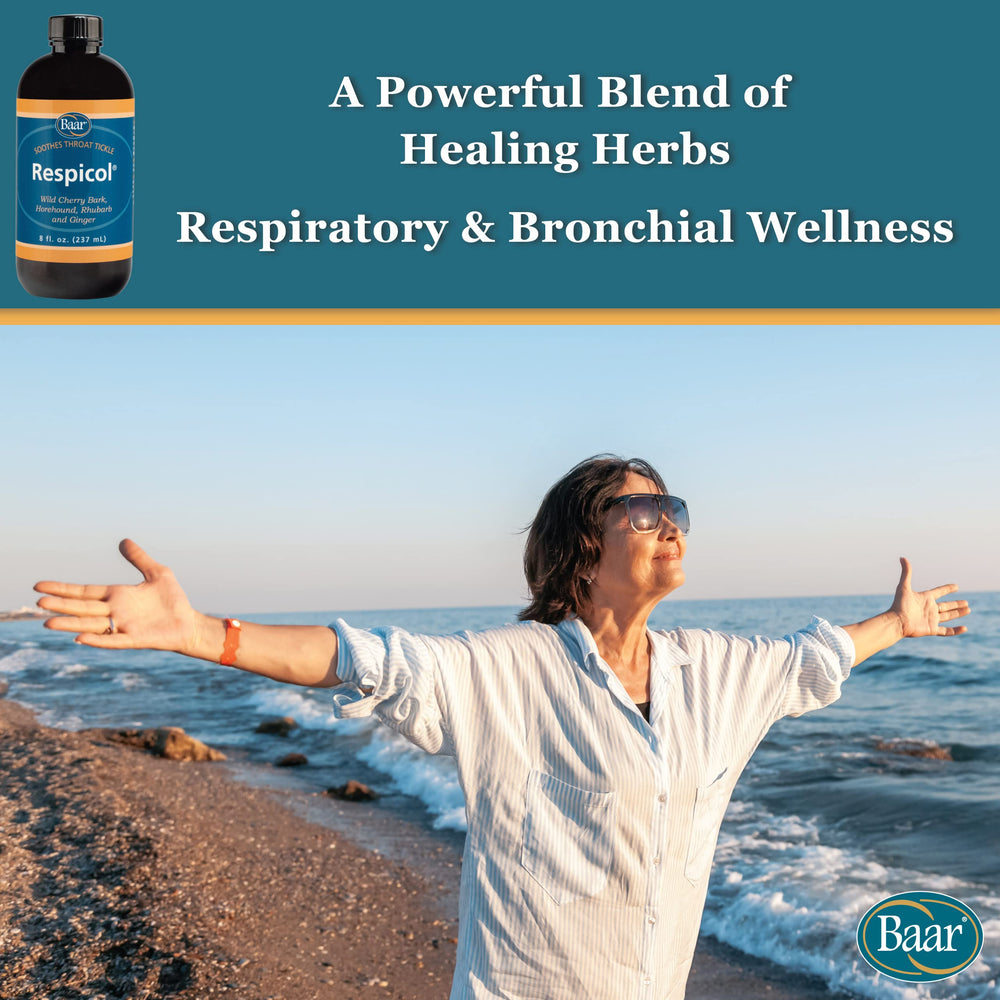 Baar Respicol bottle beside a warm cup, suggesting soothing usage.