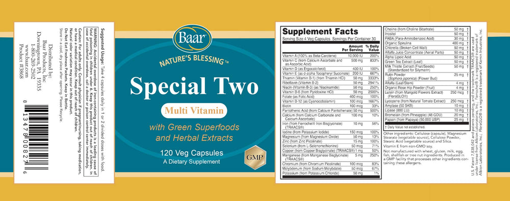 Baar Special Two Multivitamin with green superfoods concentrates for natural chlorophyll and nutrients.