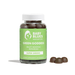 Baby Blues Green Goddess Gummies bottle closeup for daily plant-based wellness.
