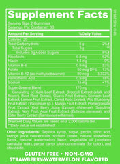 Baby Blues Green Goddess Gummies ingredients chart highlights antioxidants and superfoods.