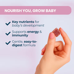 Close-up of a Baby Blues Prenatal Gummy highlighting gentle, stomach-friendly support