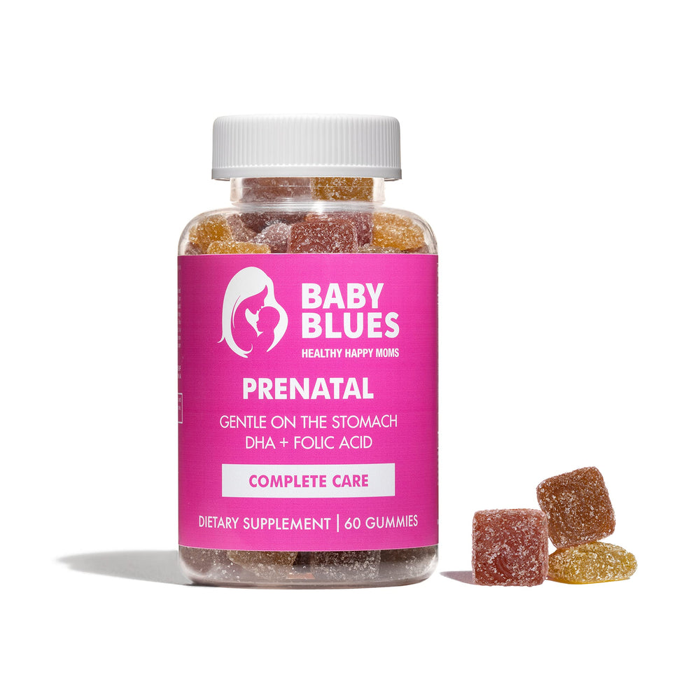 Baby Blues Prenatal Gummies raspberry lemonade bottle for easy daily prenatal nutrition