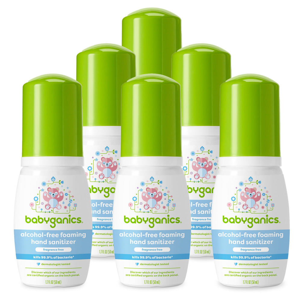 Babyganics foaming hand sanitizer front label shows fragrance-free formula for sensitive skin