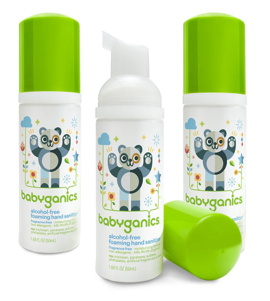 Babyganics hand sanitizer foam pump in a 50ml compact bottle for quick on-the-go protection