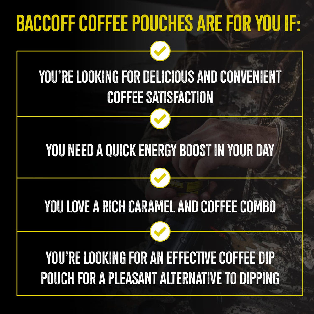 BACC OFF caramel coffee pouches five-cans display emphasizes value and USA craftsmanship.