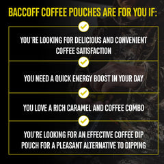 BACC OFF caramel coffee pouches five-cans display emphasizes value and USA craftsmanship.