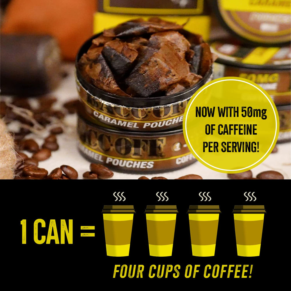 BACC OFF caramel coffee pouches label close-up emphasizes premium ingredients and authentic packaging.