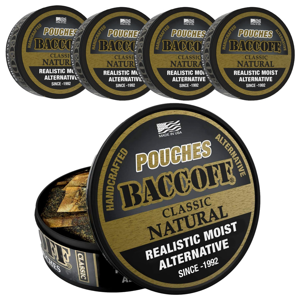 BACC OFF Classic Natural Pouches can with smoky black tea blend for authentic flavor.