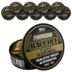 BACC OFF Classic natural pouches pack showing smoky black tea flavor for an authentic chew.
