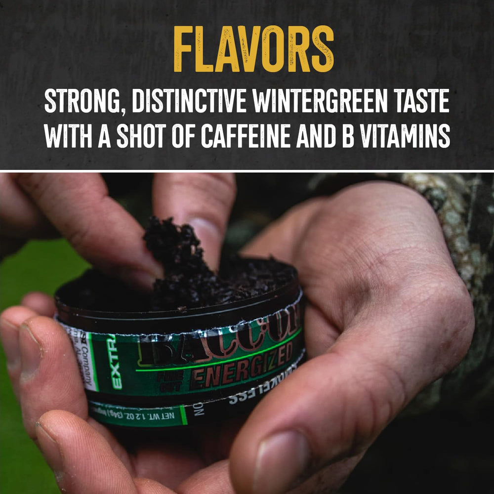 BACC OFF can in hand showing portable snuff format and on-the-go convenience.
