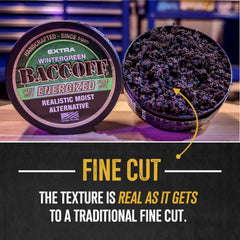 BACC OFF packaging closeup of the Energized Fine Cut can and label.