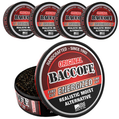 BACC OFF Original Energized Fine Cut can front highlights on the go energy and bold flavor