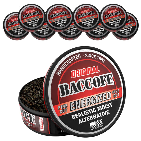 BACC OFF Original Energized Fine Cut can front with bold flavor and energy vibe.