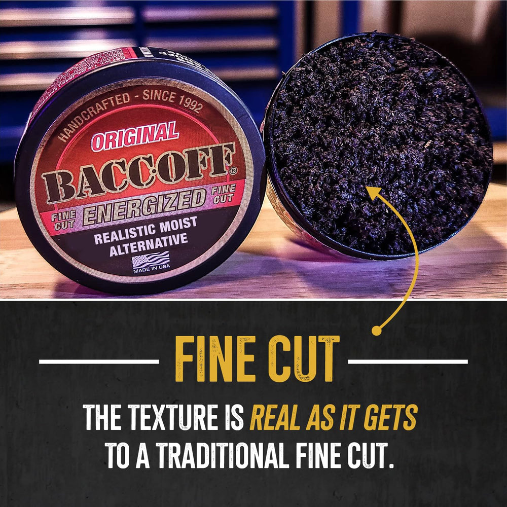 BACC OFF Original Energized Fine Cut label detail emphasizes premium flavor profile
