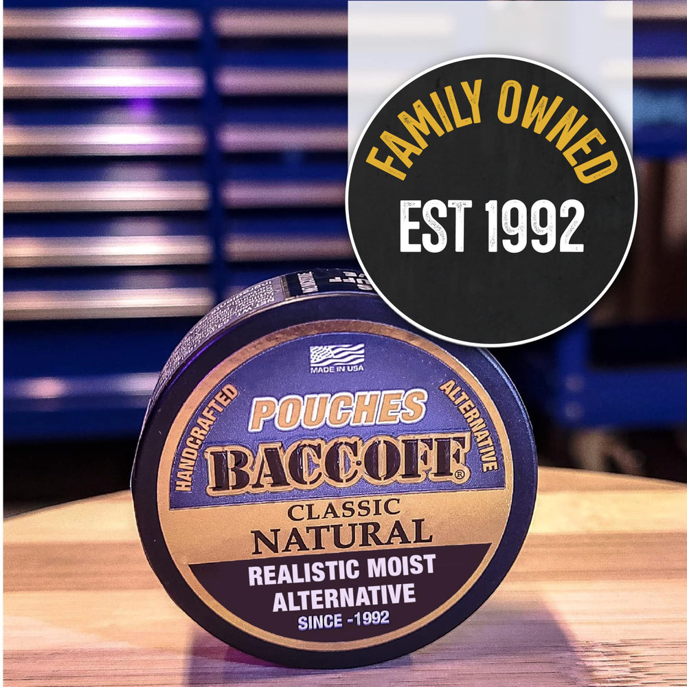 BACC OFF USA handcrafted logo emphasizes family-owned craftsmanship.