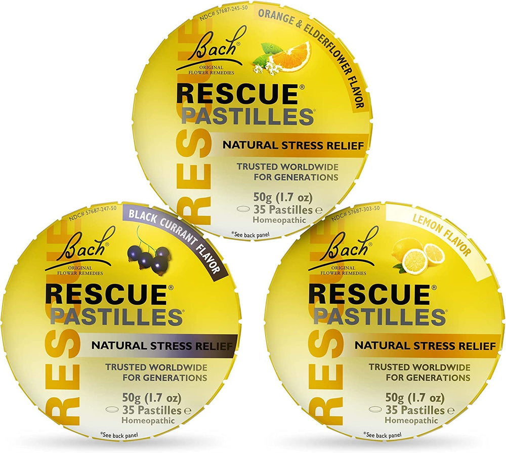 Bach Rescue Pastilles orange elderflower pack, convenient stress relief lozenges on the go