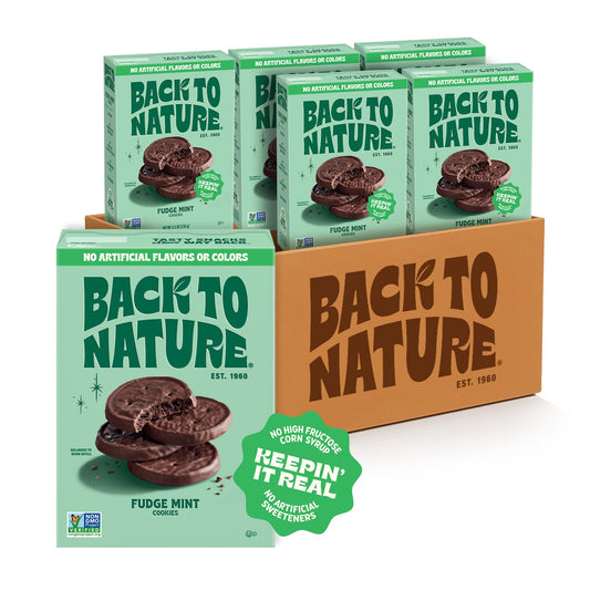 Back to Nature Fudge Mint Cookies box on shelf shows simple, natural ingredients.