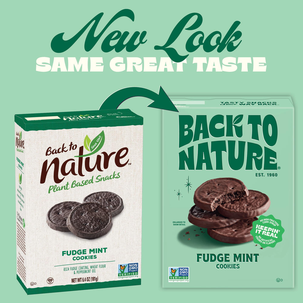 Pack shot of Back to Nature Fudge Mint Cookies with brand branding.