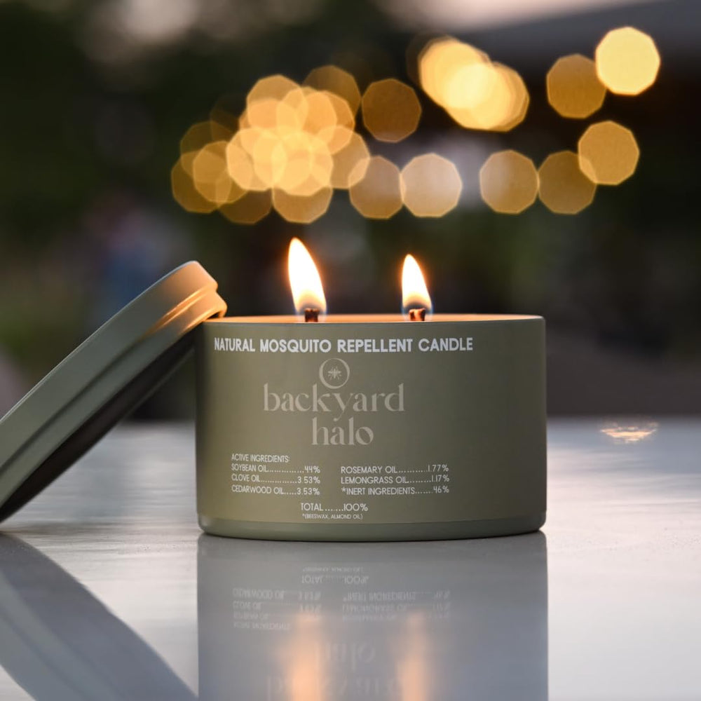 Backyard Halo candle for indoor and outdoor use creates warm glow.