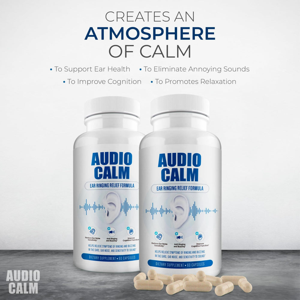 BACTICURE Audio Calm label close-up emphasizing antioxidant support for ear nerves