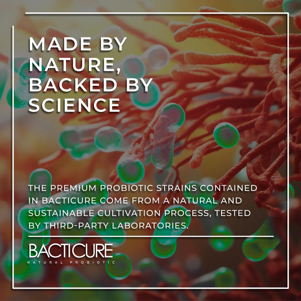 BACTICURE Original Probiotic bottle side shows 60-count for convenient daily use.