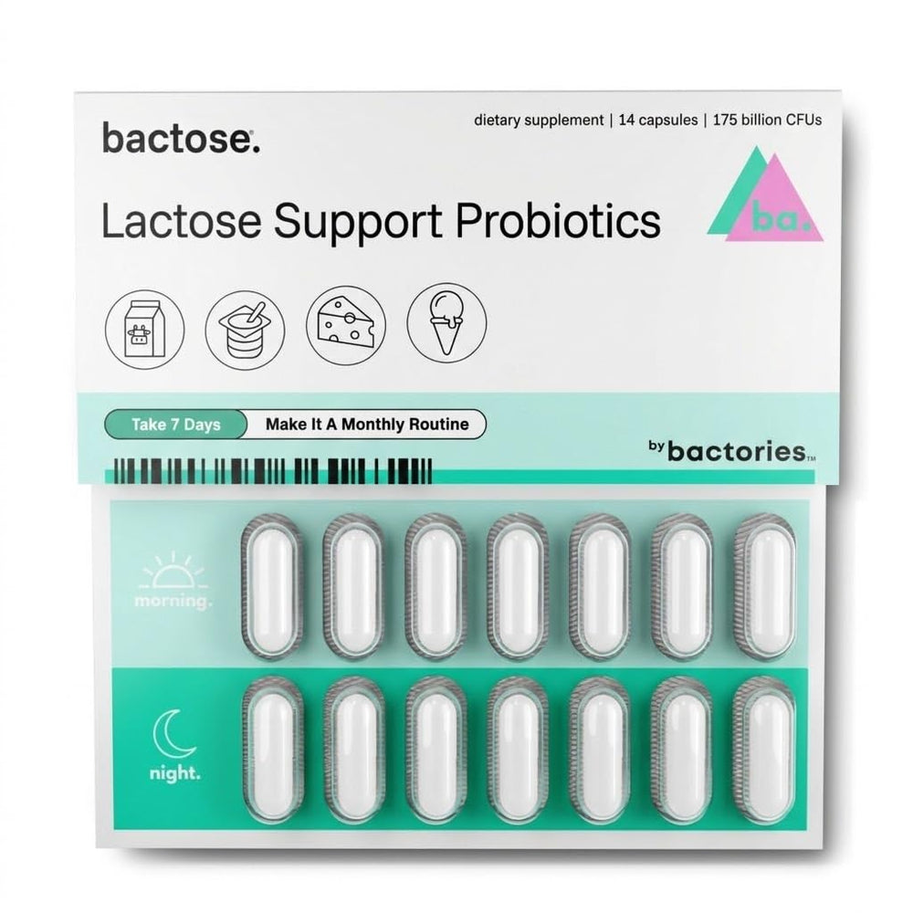 BACTOSE bottle pour demonstrates a simple monthly probiotic routine for dairy enthusiasts.