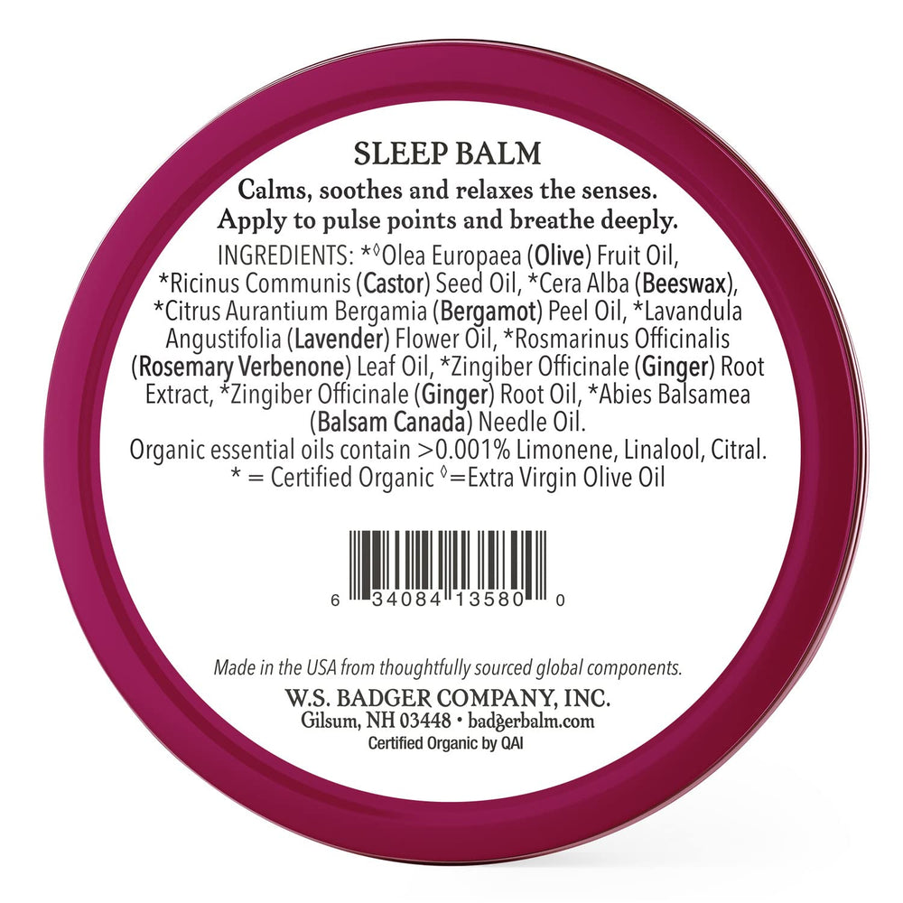 Badger Sleep Balm ingredients label showing lavender and bergamot for calm