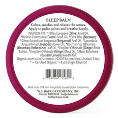 Badger Sleep Balm ingredients label showing lavender and bergamot for calm