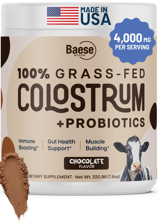 Baese Nutrition organic chocolate colostrum bottle for convenient daily supplementation.