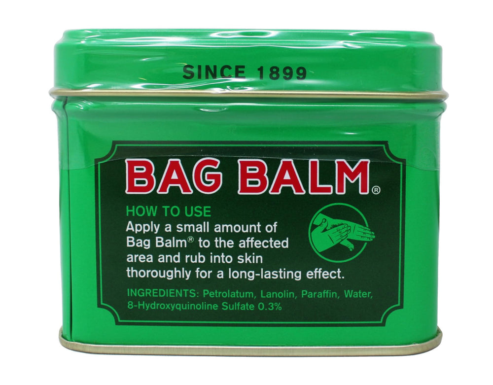 Bag Balm tin opened showing application for skin care.