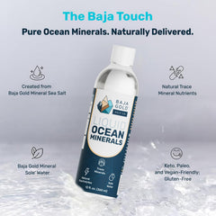 Baja Gold drops dissolving in a clear glass of water with ocean-inspired taste.