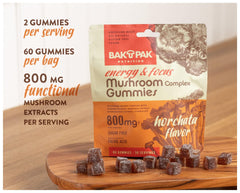 BakPak ingredient list close-up featuring cordyceps, reishi, and lion's mane