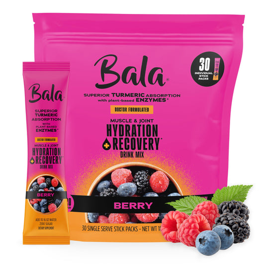 BALA Enzyme Hydration berry packaging showcases zero sugar electrolyte blend for everyday hydration.