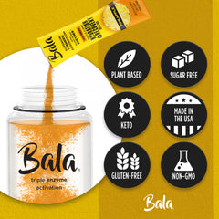 Close-up of Bala Enzyme Hydration packets showing sugar-free formula