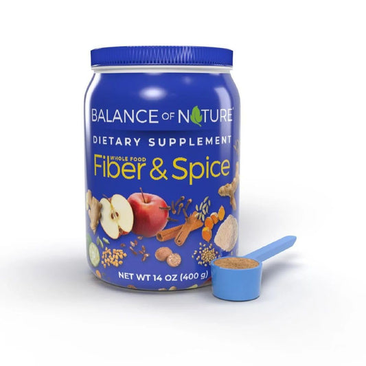 Balance of Nature Fiber & Spice powder poured into a glass for daily supplementation