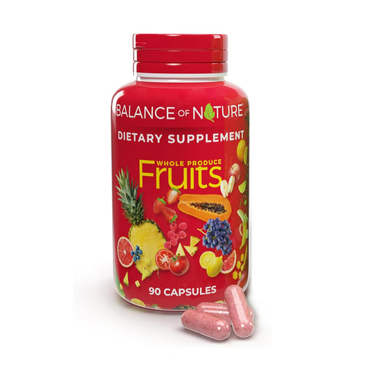 Balance of Nature Fruits supplement bottle showing vegan, gluten-free ingredients