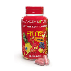 Balance of Nature Fruits supplement bottle showing vegan, gluten-free ingredients