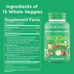 Balance of Nature Veggies bottle back label highlighting gluten-free, vegan formula