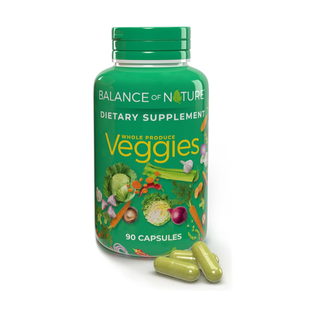 Balance of Nature Veggies bottle front view for convenient daily capsules