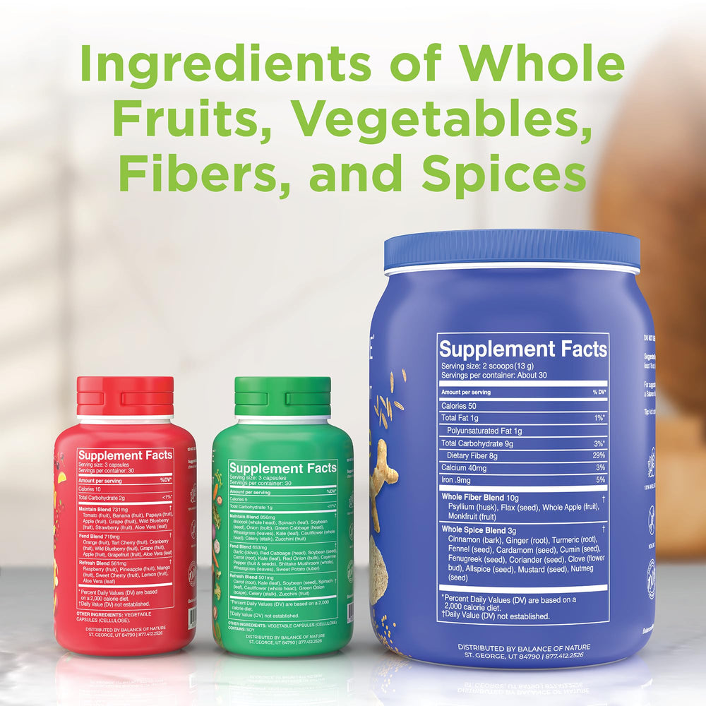 Balance of Nature Veggies supplement bottle highlights leafy greens and colorful vegetables for vitality.