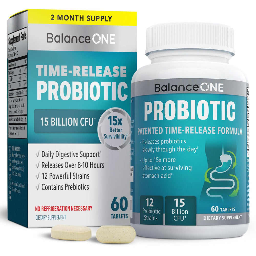 Balance ONE Time Release Probiotic bottle front with 60 tablets for daily digestive support