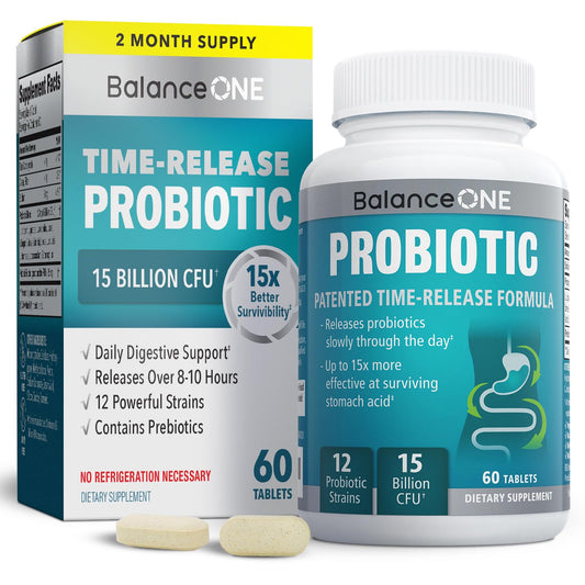 Balance ONE Time Release Probiotic bottle front with 60 tablets for daily digestive support