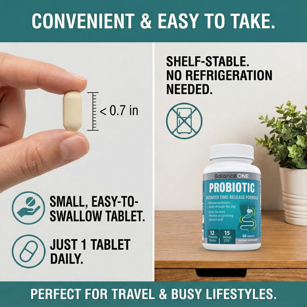 Travel-ready Balance ONE bottle shown beside a passport for on-the-go support