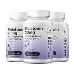 Balancebreens Melatonin 20mg fast-dissolve tablet in bottle highlights quick sleep support.