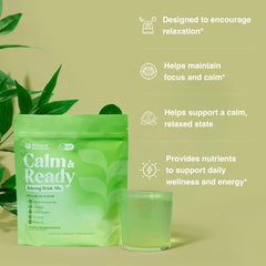 Glass of water with Calm Ready sachet showing refreshing mix and calm potential.