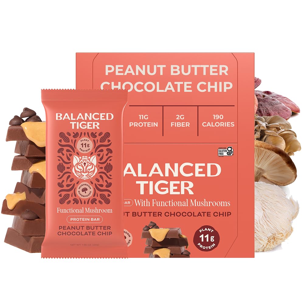Balanced Tiger functional mushroom bars pack shot highlights convenient plant protein for on-the-go snacking.