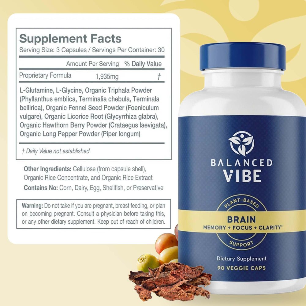 Balanced Vibe Brain Formula with ginkgo biloba imagery for memory support.